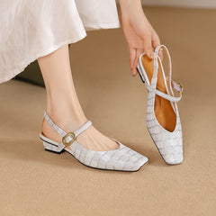 Elegant Leather Square Toe Block Heel Slingbacks with Plaid