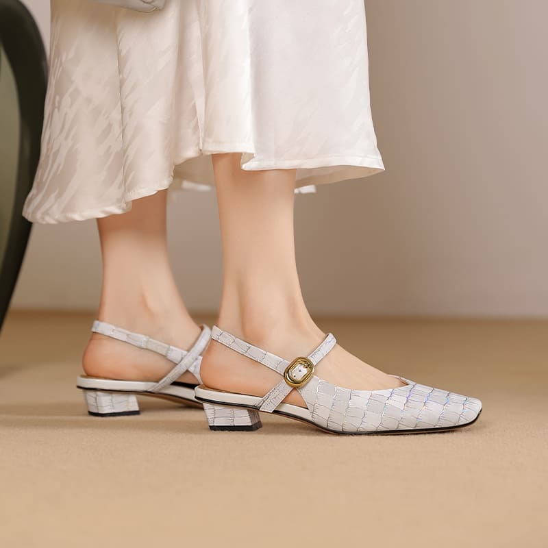 Elegant Leather Square Toe Block Heel Slingbacks with Plaid