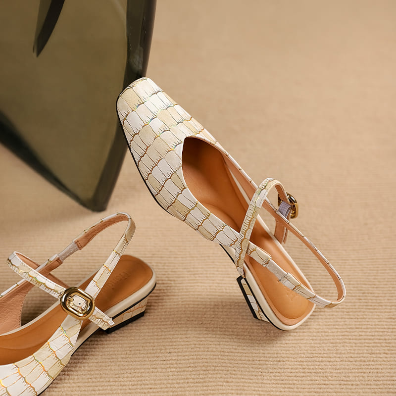 Elegant Leather Square Toe Block Heel Slingbacks with Plaid
