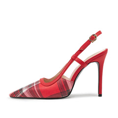 Elegant Plaid Square Toe Stiletto Red Slingback Heels