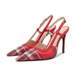 Elegant Plaid Square Toe Stiletto Red Slingback Heels