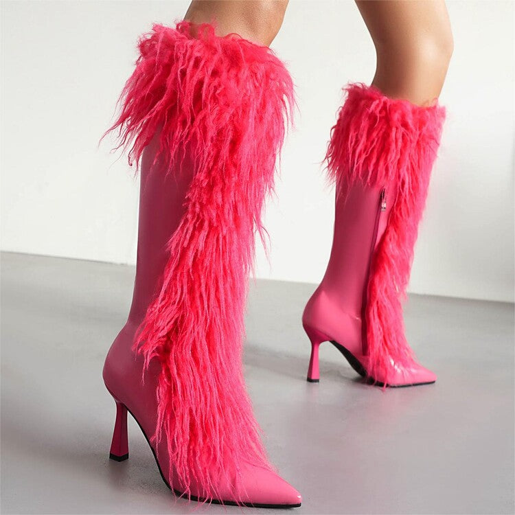 Faux Fur Pointed Toe Flared Heel Knee High Pink Boots