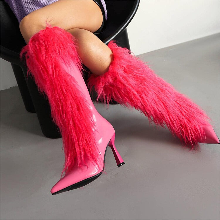 Faux Fur Pointed Toe Flared Heel Knee High Pink Boots