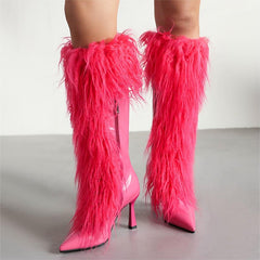 Faux Fur Pointed Toe Flared Heel Knee High Pink Boots