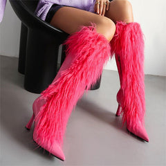 Faux Fur Pointed Toe Flared Heel Knee High Pink Boots