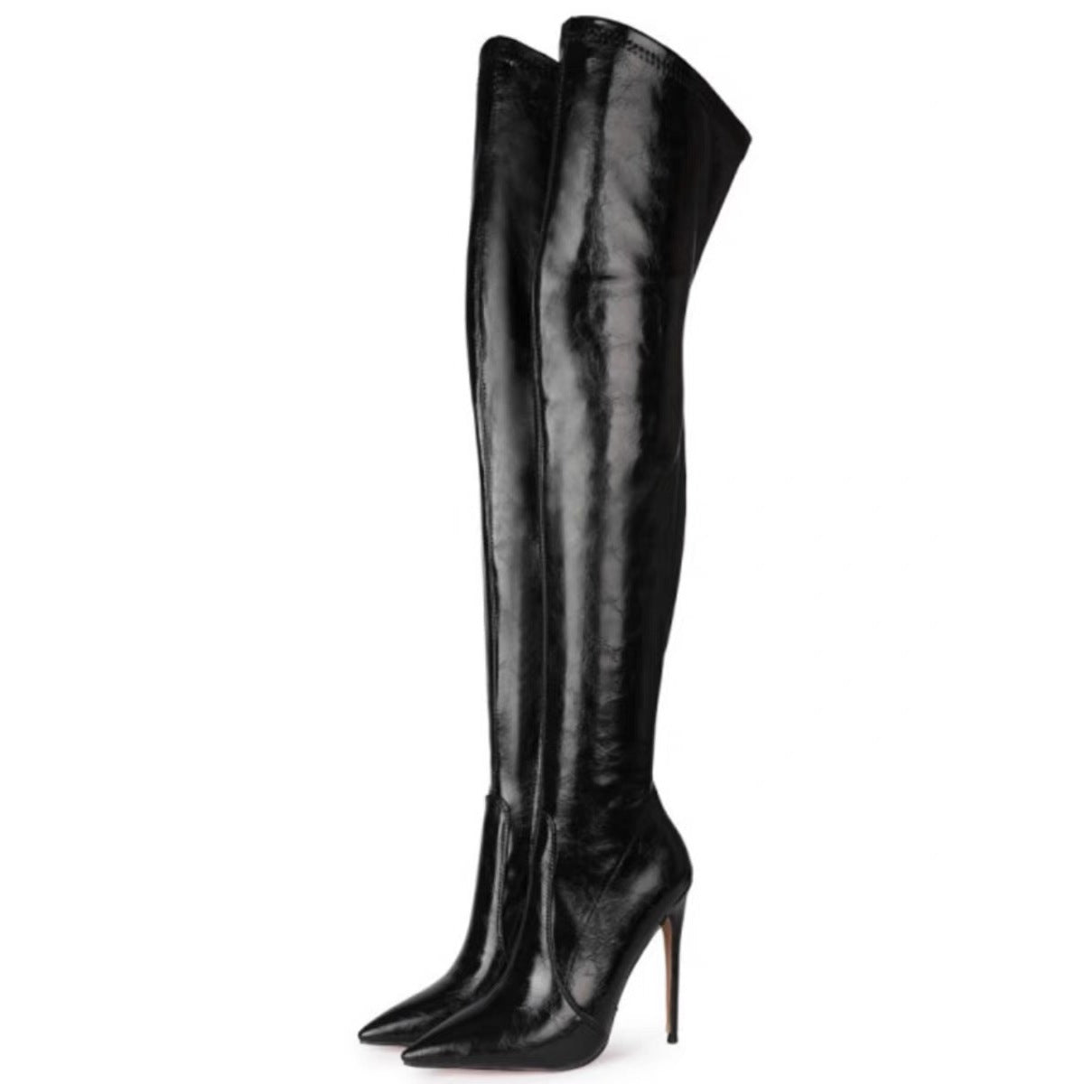 Faux Leather Pointed Toe Stiletto Heel Thigh High Boots