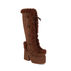 Bottes de neige à lacets et bout rond en fourrure à talons épais pour l'hiver