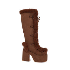 Bottes de neige à lacets et bout rond en fourrure à talons épais pour l'hiver