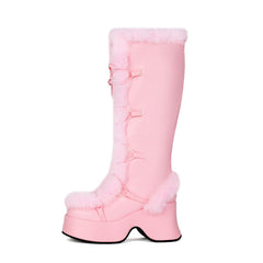 Furry Round Toe Wedge Heel Knee High Snow Boots for Winter