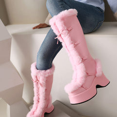 Furry Round Toe Wedge Heel Knee High Snow Boots for Winter