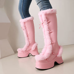 Furry Round Toe Wedge Heel Knee High Snow Boots for Winter