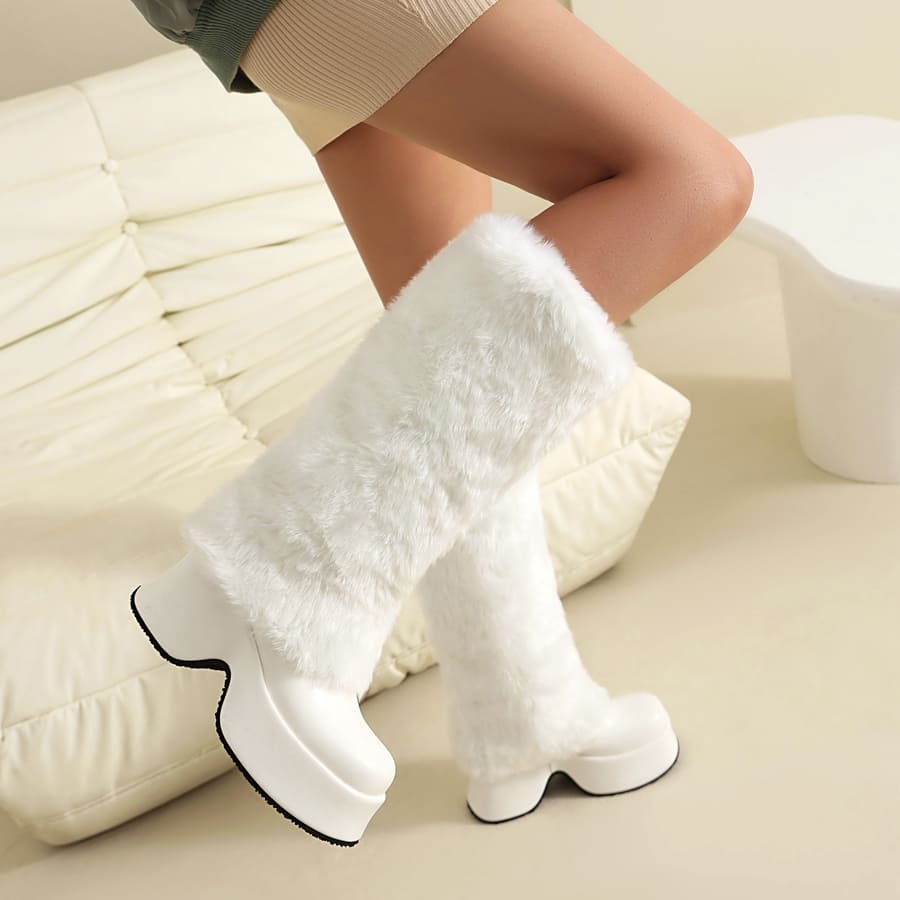 Furry Square Toe Wedge Heel Mid-Calf Fold-Over Snow Boots for Winter