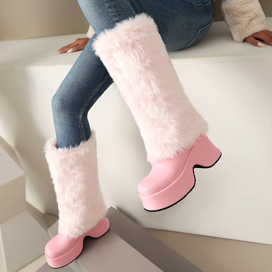 Furry Square Toe Wedge Heel Mid-Calf Fold-Over Snow Boots for Winter