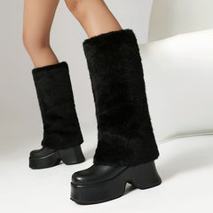 Furry Square Toe Wedge Heel Mid-Calf Fold-Over Snow Boots for Winter