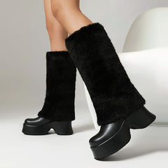 Furry Square Toe Wedge Heel Mid-Calf Fold-Over Snow Boots for Winter