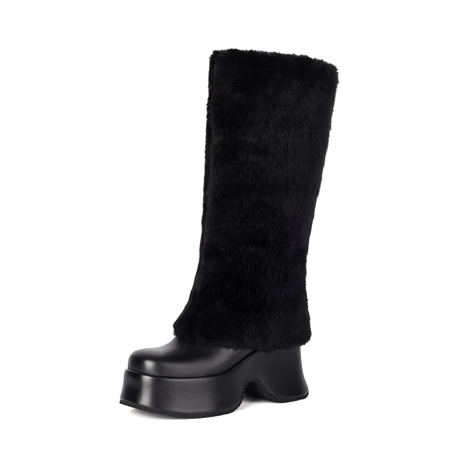Furry Square Toe Wedge Heel Mid-Calf Fold-Over Snow Boots for Winter