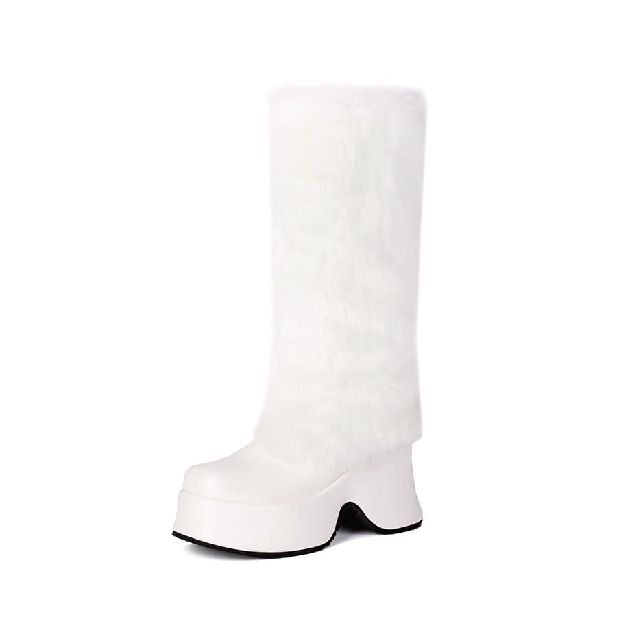 Furry Square Toe Wedge Heel Mid-Calf Fold-Over Snow Boots for Winter
