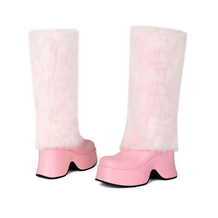Furry Square Toe Wedge Heel Mid-Calf Fold-Over Snow Boots for Winter