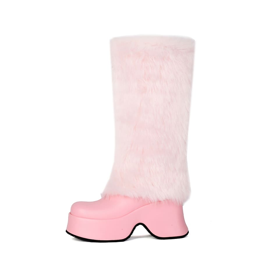 Furry Square Toe Wedge Heel Mid-Calf Fold-Over Snow Boots for Winter