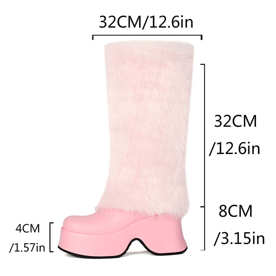 Furry Square Toe Wedge Heel Mid-Calf Fold-Over Snow Boots for Winter
