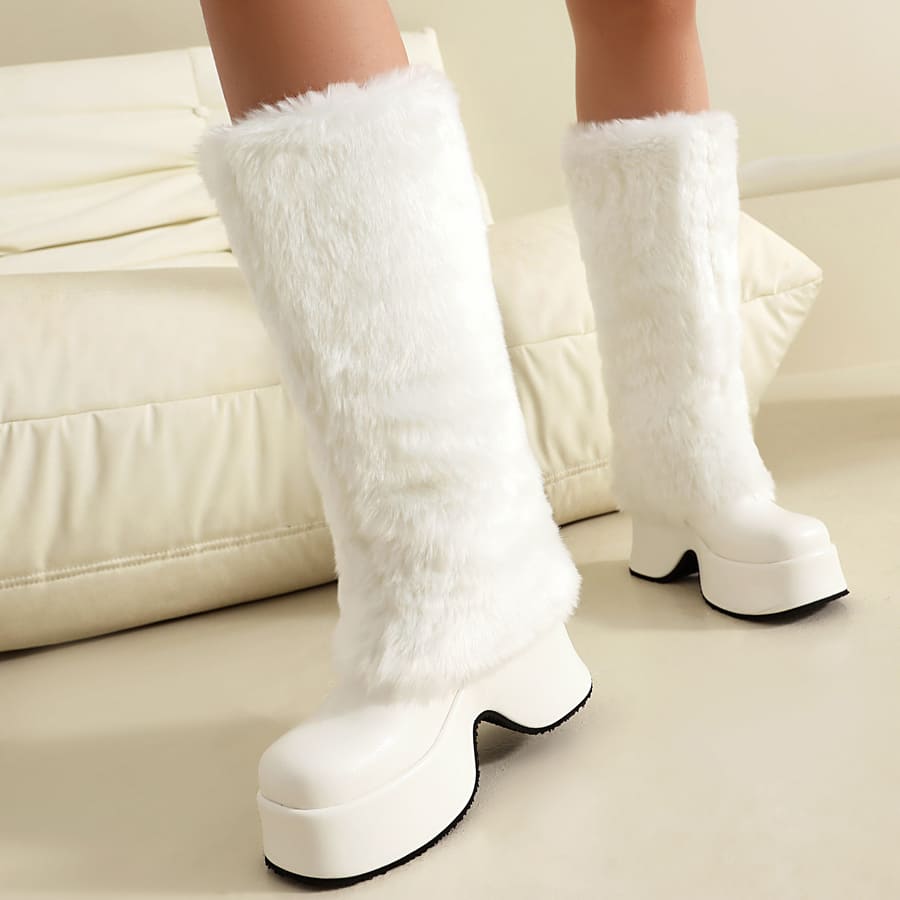Furry Square Toe Wedge Heel Mid-Calf Fold-Over Snow Boots for Winter