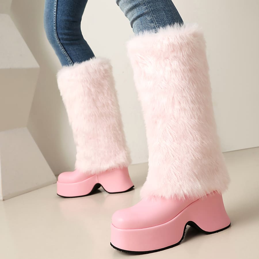 Furry Square Toe Wedge Heel Mid-Calf Fold-Over Snow Boots for Winter