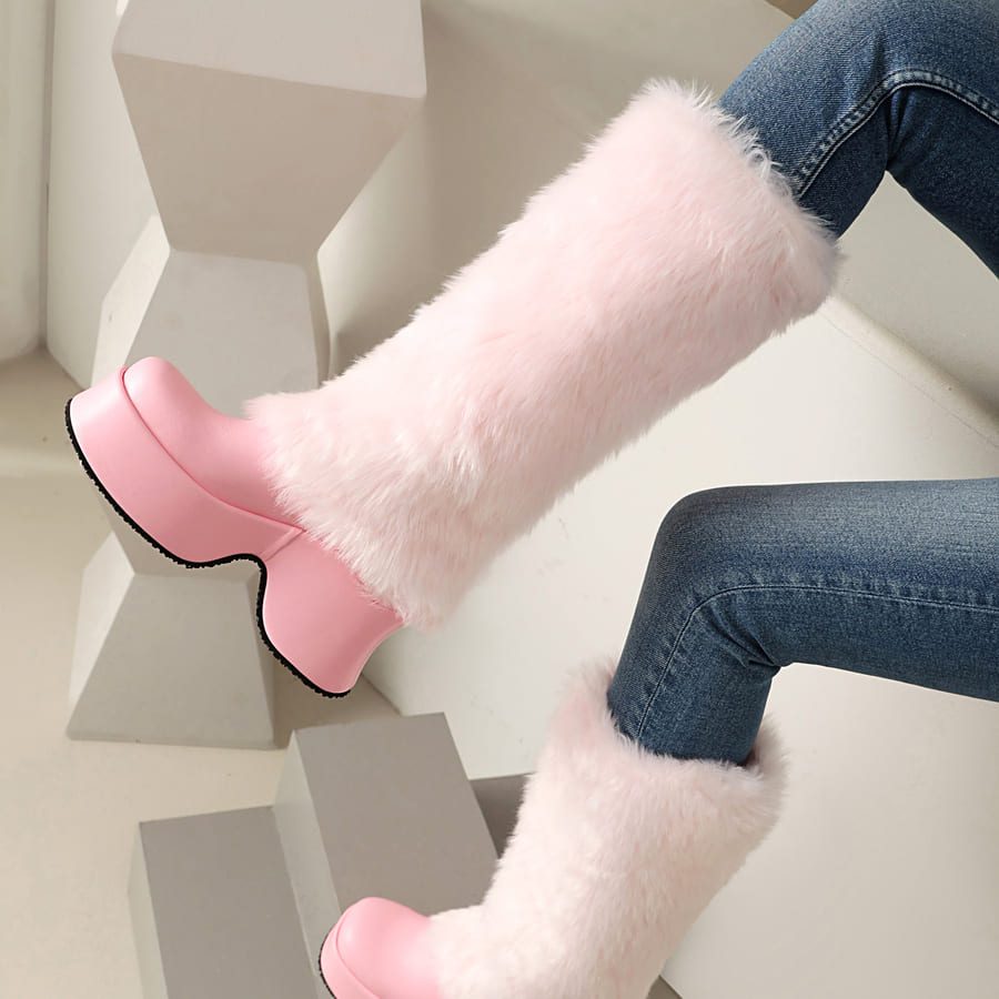 Furry Square Toe Wedge Heel Mid-Calf Fold-Over Snow Boots for Winter