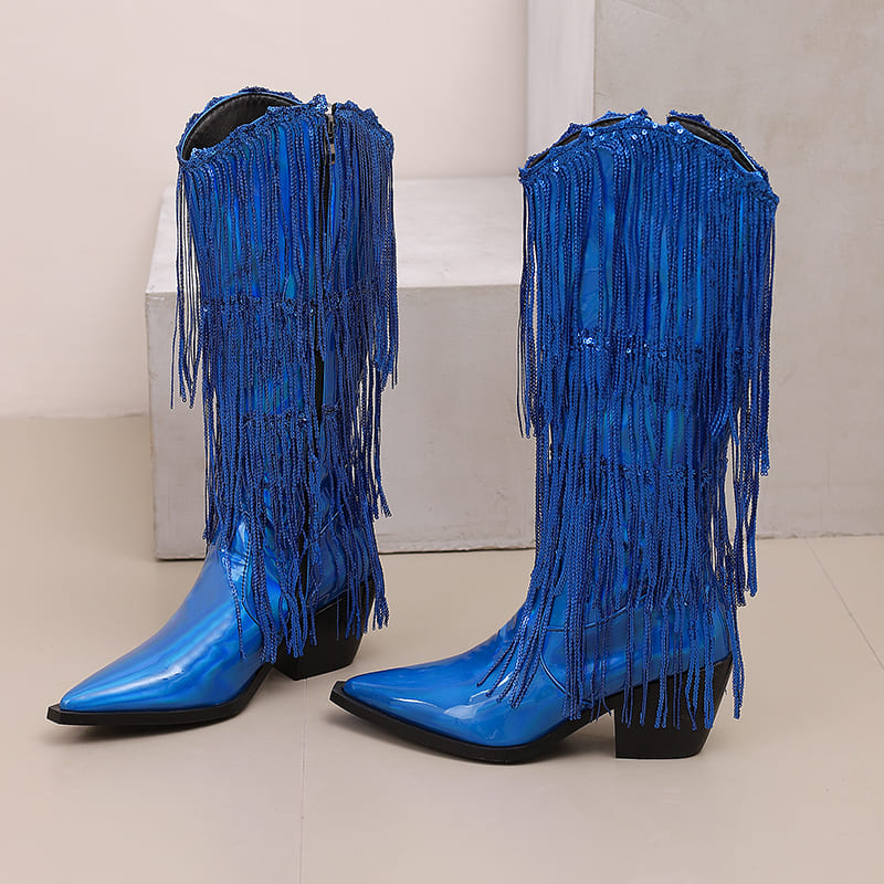 Glitter Snip Toe Block Heel Western Mid-Calf Boots with Fringe