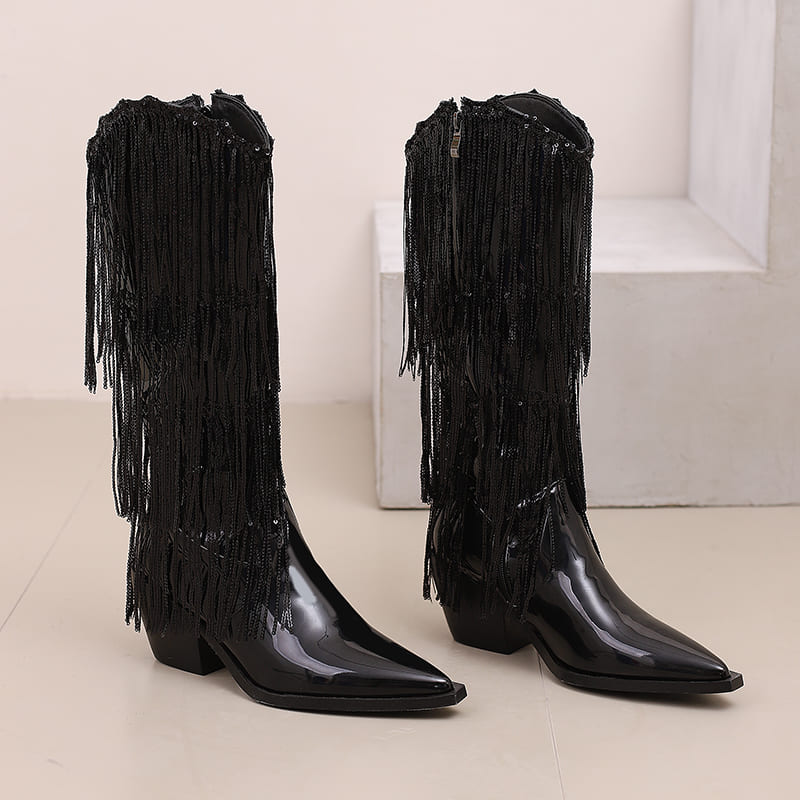 Glitter Snip Toe Block Heel Western Mid-Calf Boots with Fringe