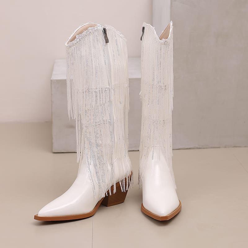 Glitter Snip Toe Block Heel Western Mid-Calf Boots with Fringe