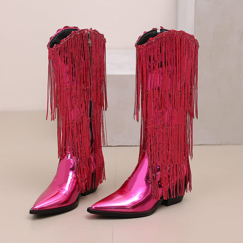 Glitter Snip Toe Block Heel Western Mid-Calf Boots with Fringe