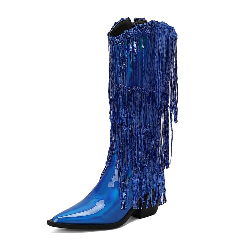 Glitter Snip Toe Block Heel Western Mid-Calf Boots with Fringe