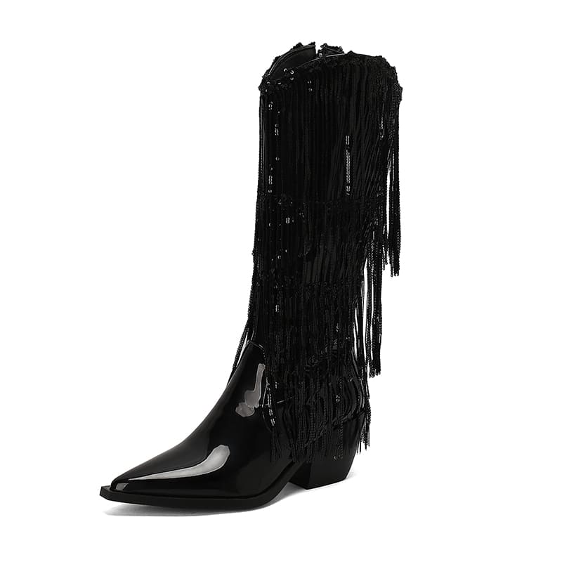 Glitter Snip Toe Block Heel Western Mid-Calf Boots with Fringe