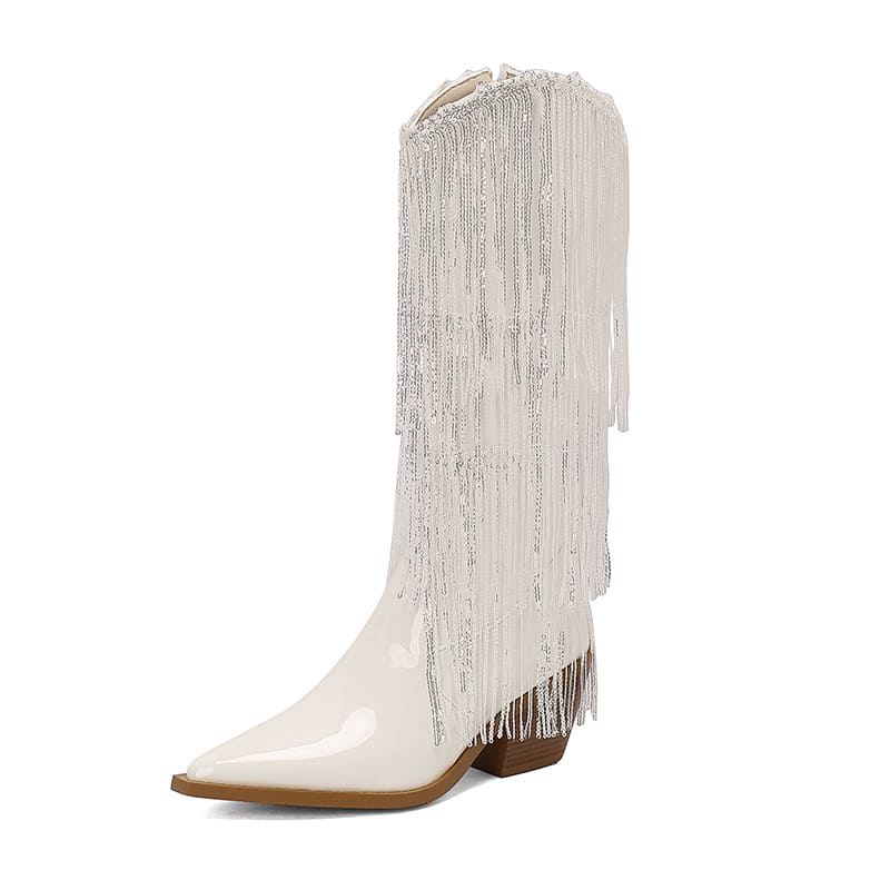 Glitter Snip Toe Block Heel Western Mid-Calf Boots with Fringe