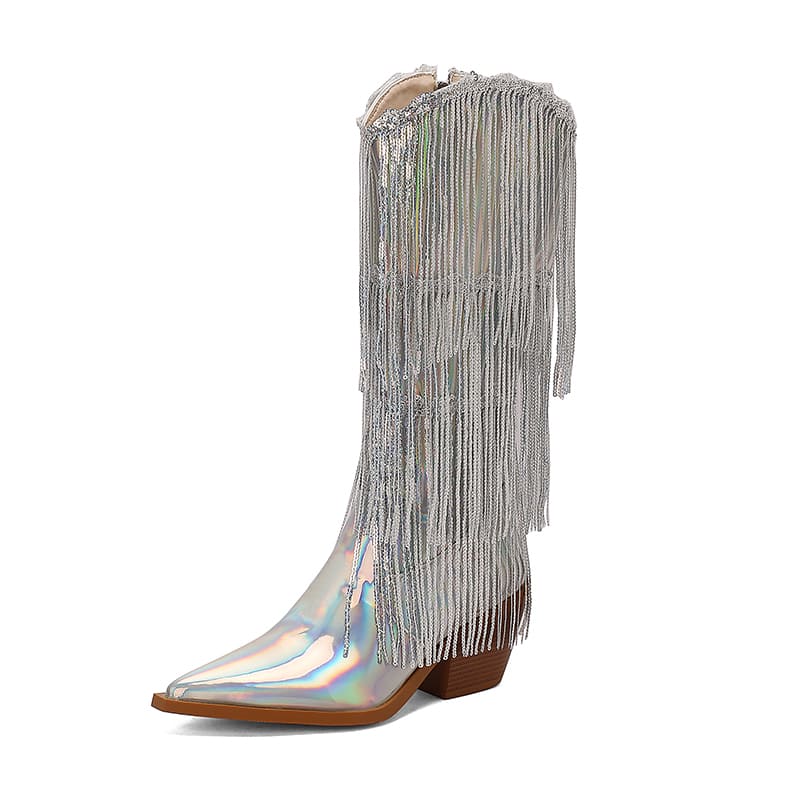 Glitter Snip Toe Block Heel Western Mid-Calf Boots with Fringe