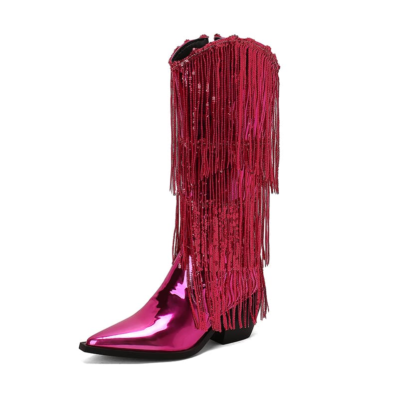 Glitter Snip Toe Block Heel Western Mid-Calf Boots with Fringe