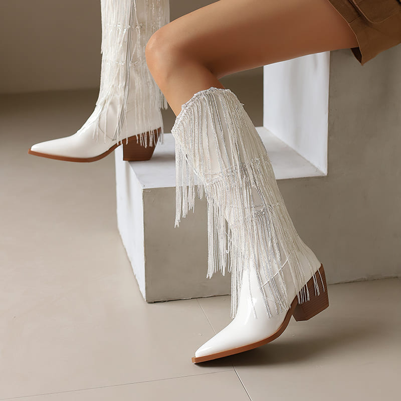 Glitter Snip Toe Block Heel Western Mid-Calf Boots with Fringe