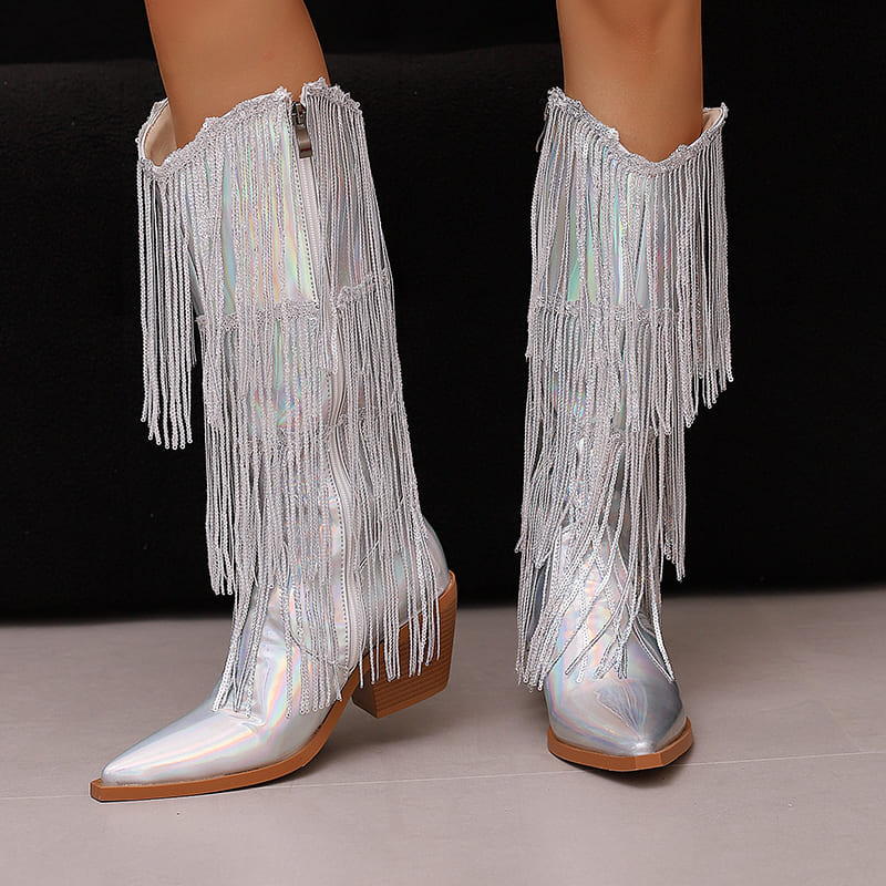 Glitter Snip Toe Block Heel Western Mid-Calf Boots with Fringe