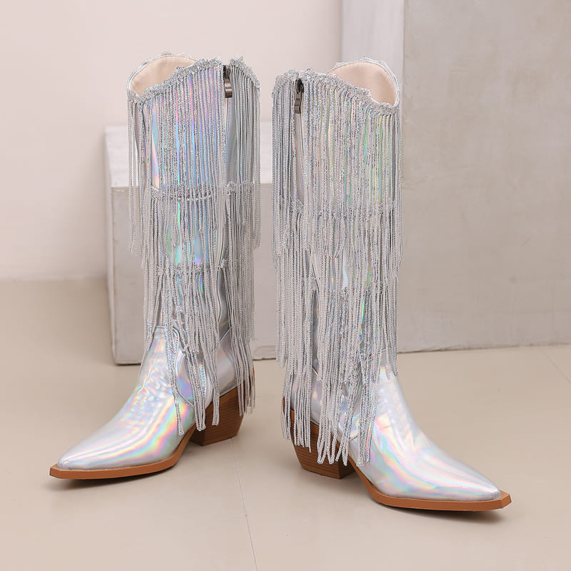 Glitter Snip Toe Block Heel Western Mid-Calf Boots with Fringe