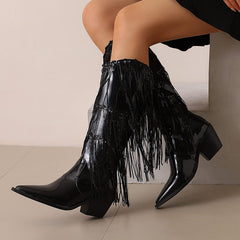 Glitter Snip Toe Block Heel Western Mid-Calf Boots with Fringe