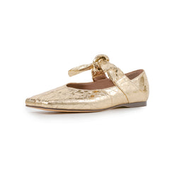 Bequeme Ballerinas aus goldenem Leder mit metallischer quadratischer Spitze und Schleife