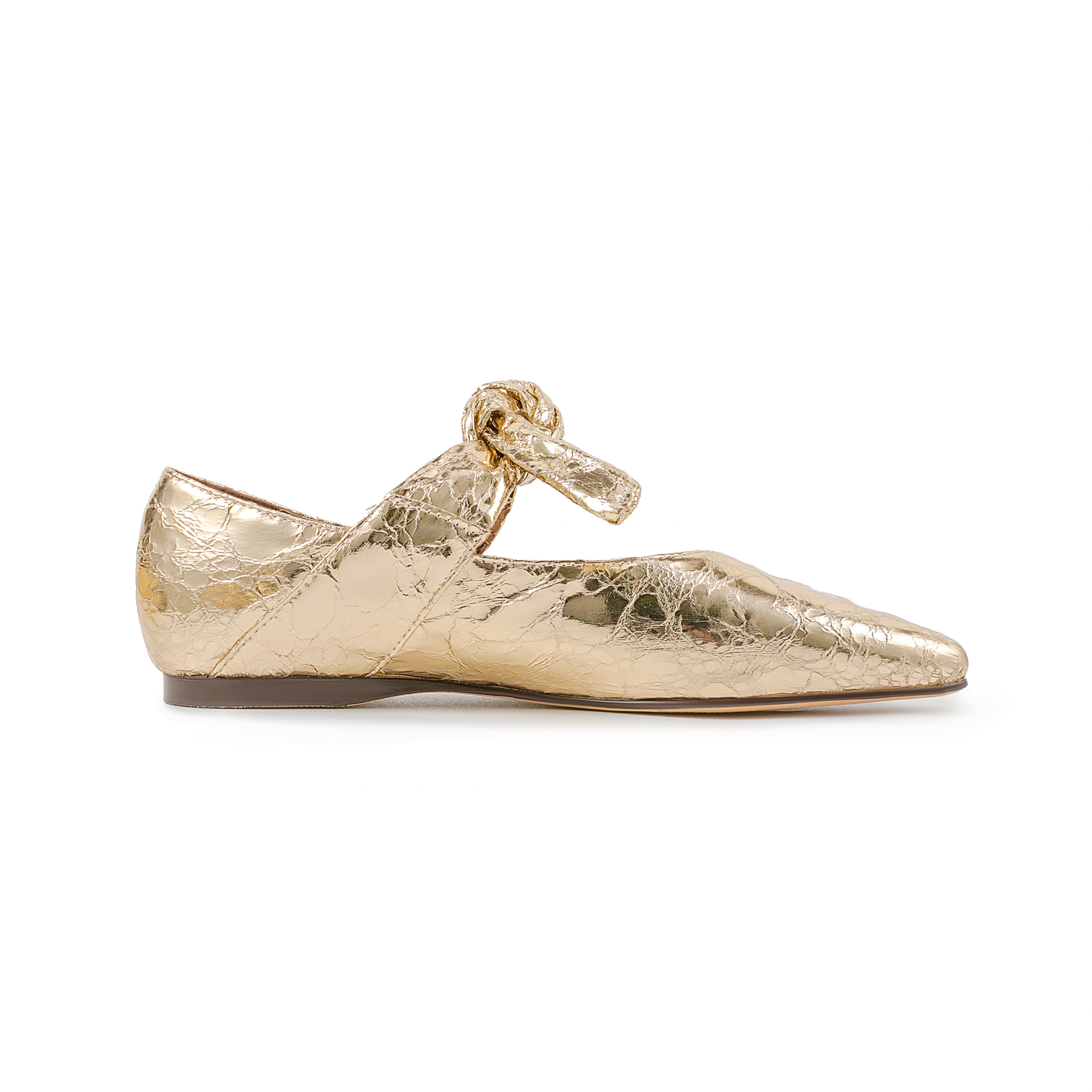 Gold Leather Metallic Square Toe Comfy Flats with Bow