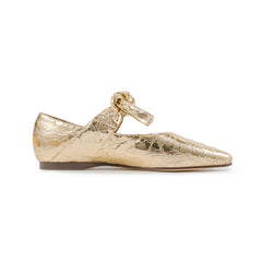 Bequeme Ballerinas aus goldenem Leder mit metallischer quadratischer Spitze und Schleife