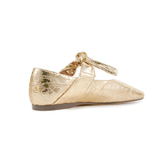 Bequeme Ballerinas aus goldenem Leder mit metallischer quadratischer Spitze und Schleife