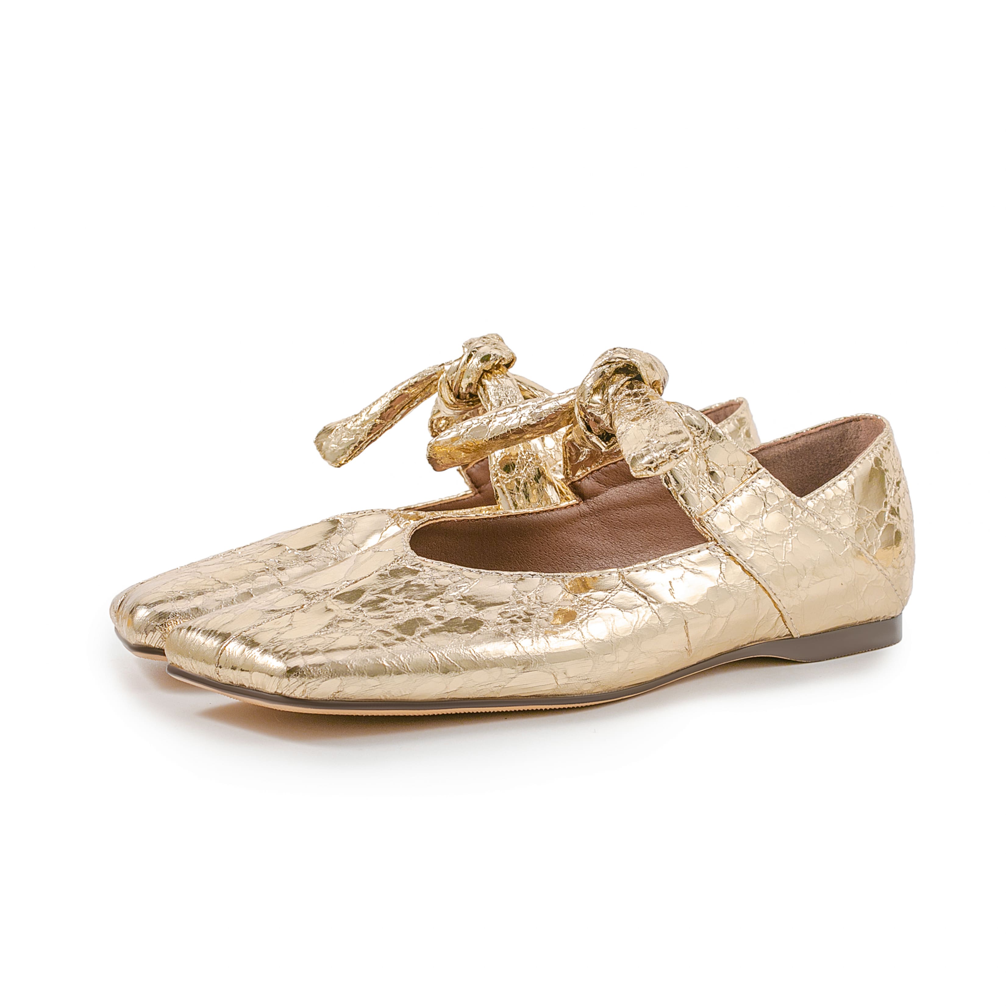 Gold Leather Metallic Square Toe Comfy Flats with Bow