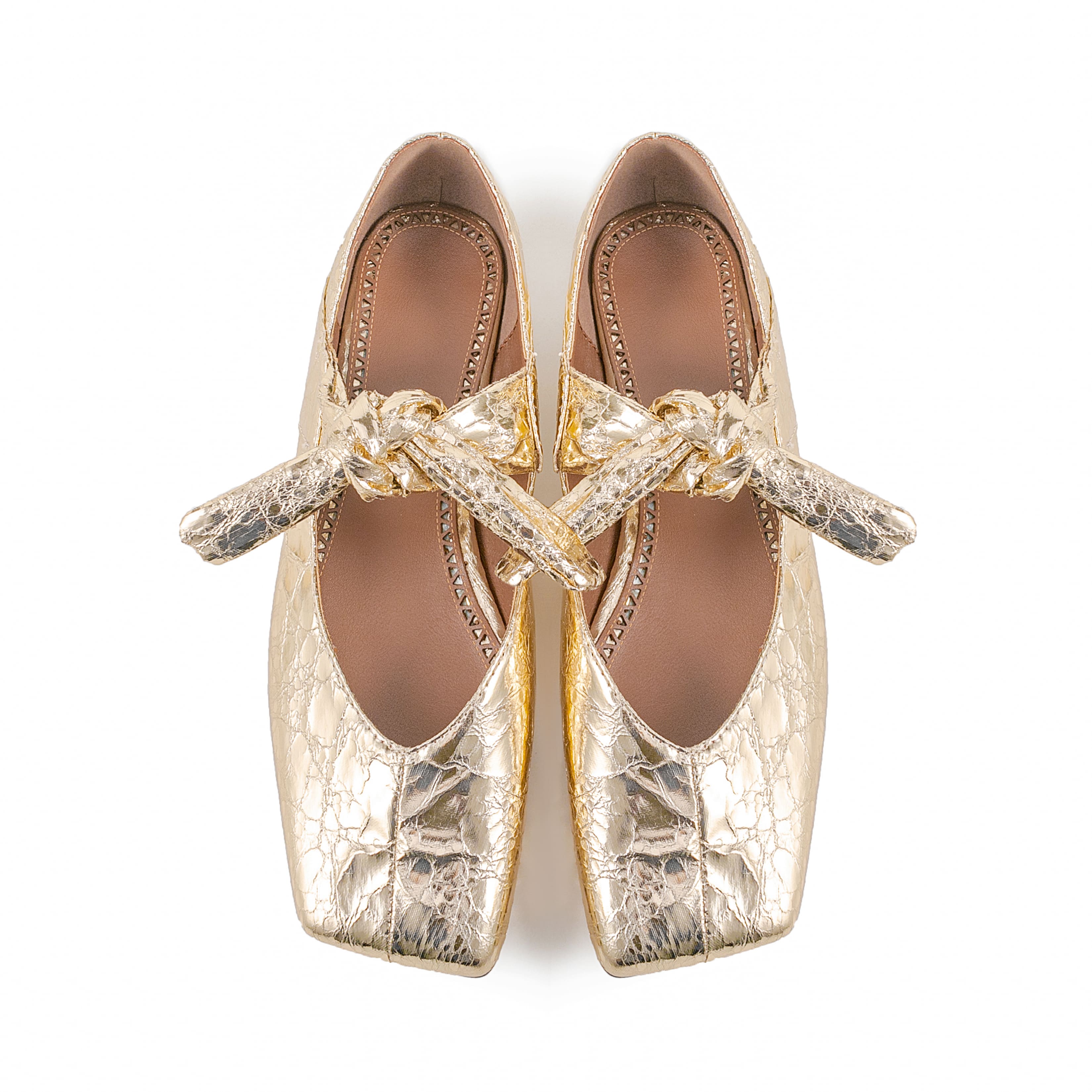 Gold Leather Metallic Square Toe Comfy Flats with Bow