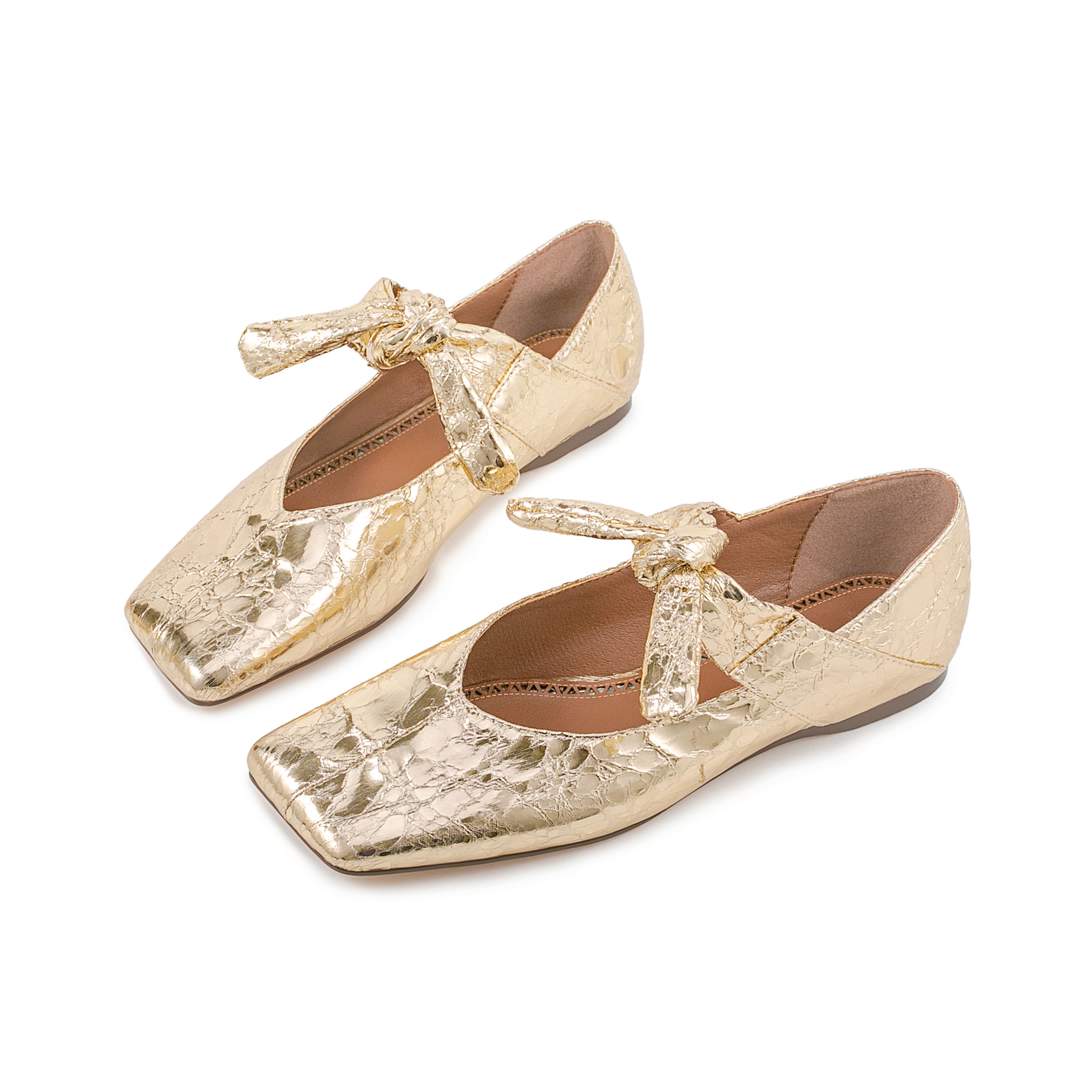 Gold Leather Metallic Square Toe Comfy Flats with Bow