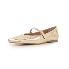 Gold Leather Metallic Square Toe Comfy Mary Jane Flats