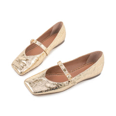 Gold Leather Metallic Square Toe Comfy Mary Jane Flats