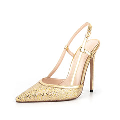 Gold Slingback Heels Buckle Sequin Sandals Pointed Toe Pumps 2